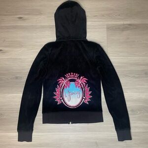 Juicy Couture Black Velour Hoodie  Rhinestone Crown & Palm Trees Gold Zipper XS